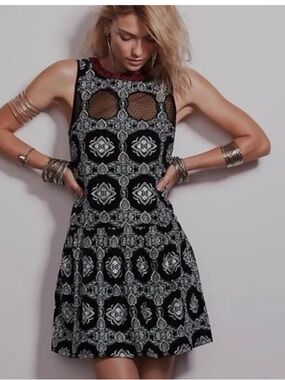 Free People Black and White Sleeveless Mini Dress with Mesh Insets